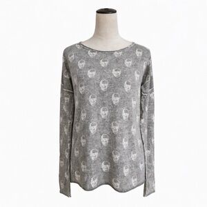 Skull Cashmere Gray Skull Print Cotton Pullover Sweater Top Sz S